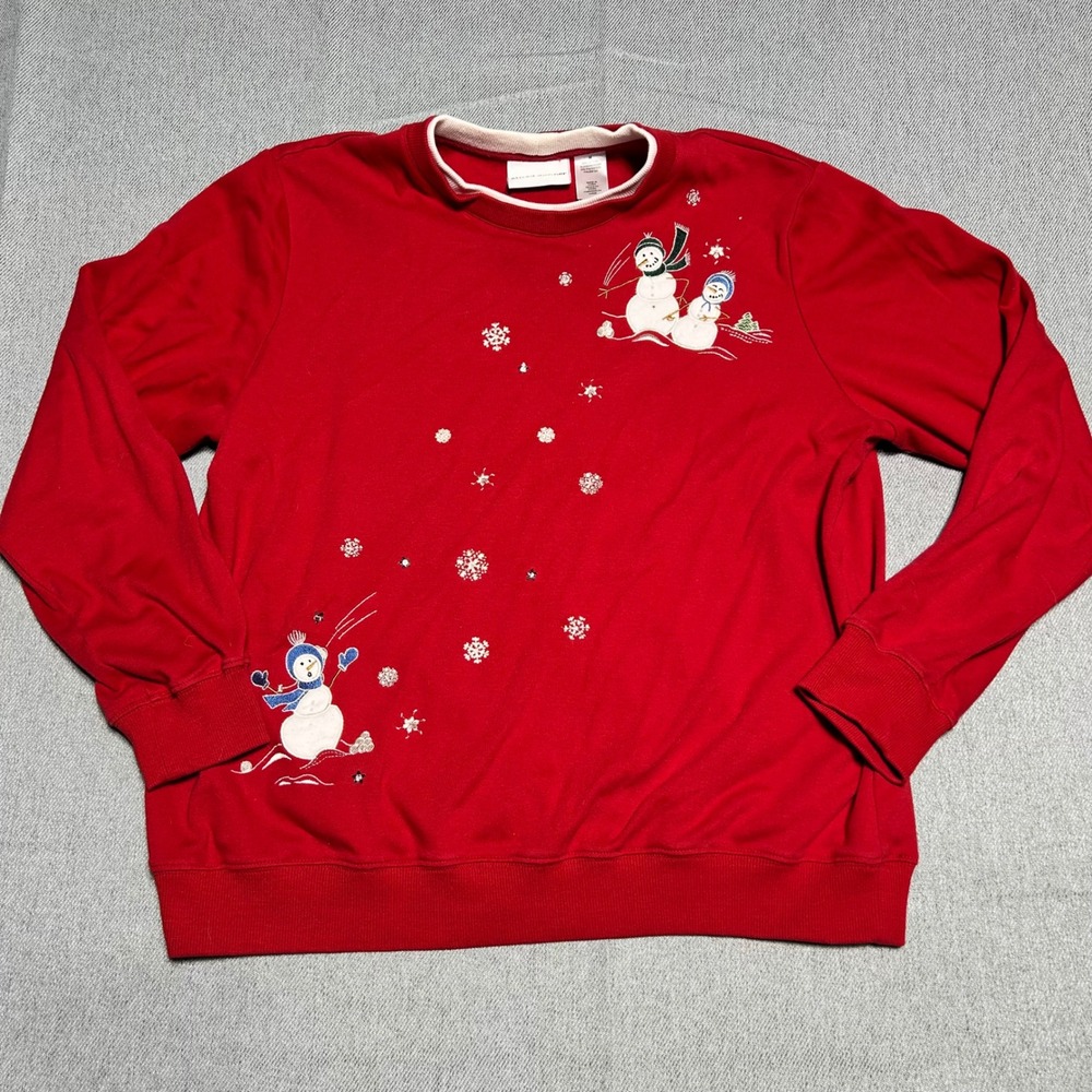 Alfred Dunner Snowman Holiday Sweatshirt M Red Embroidered Pullover Grandmacore